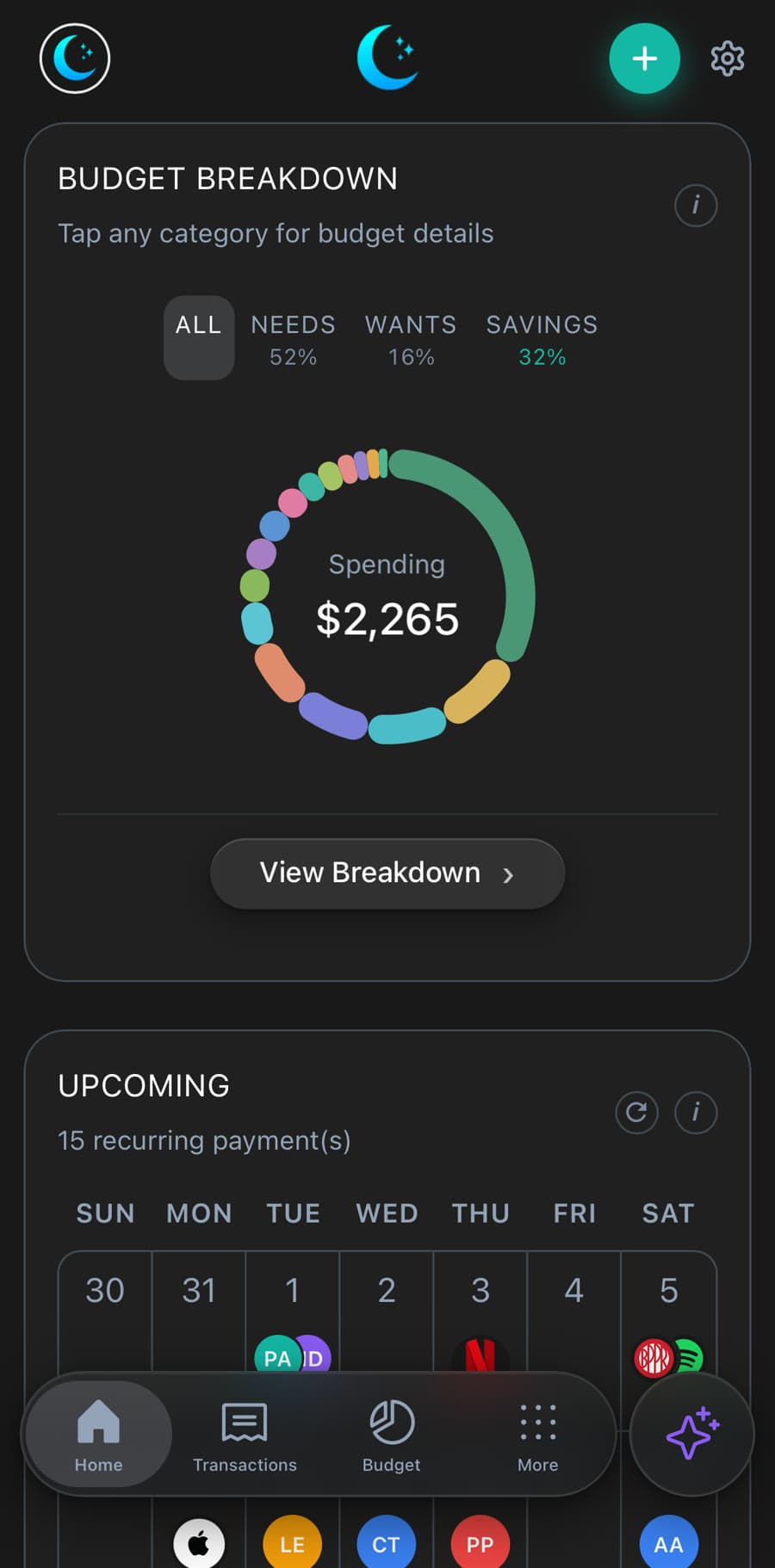 Luna Money iPhone app: Budget