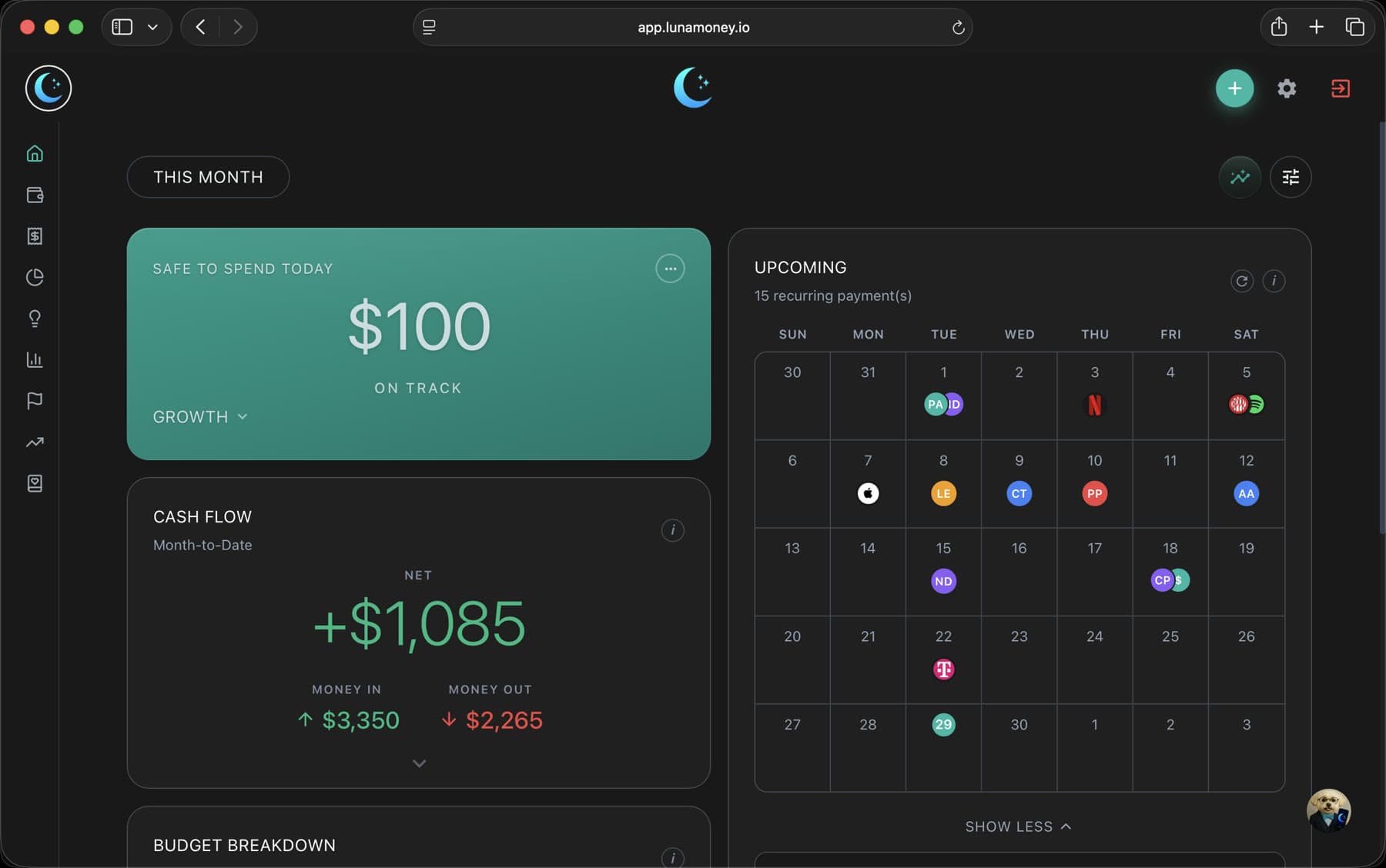 Luna Money web dashboard: Safe to Spend, cash flow and upcoming bills