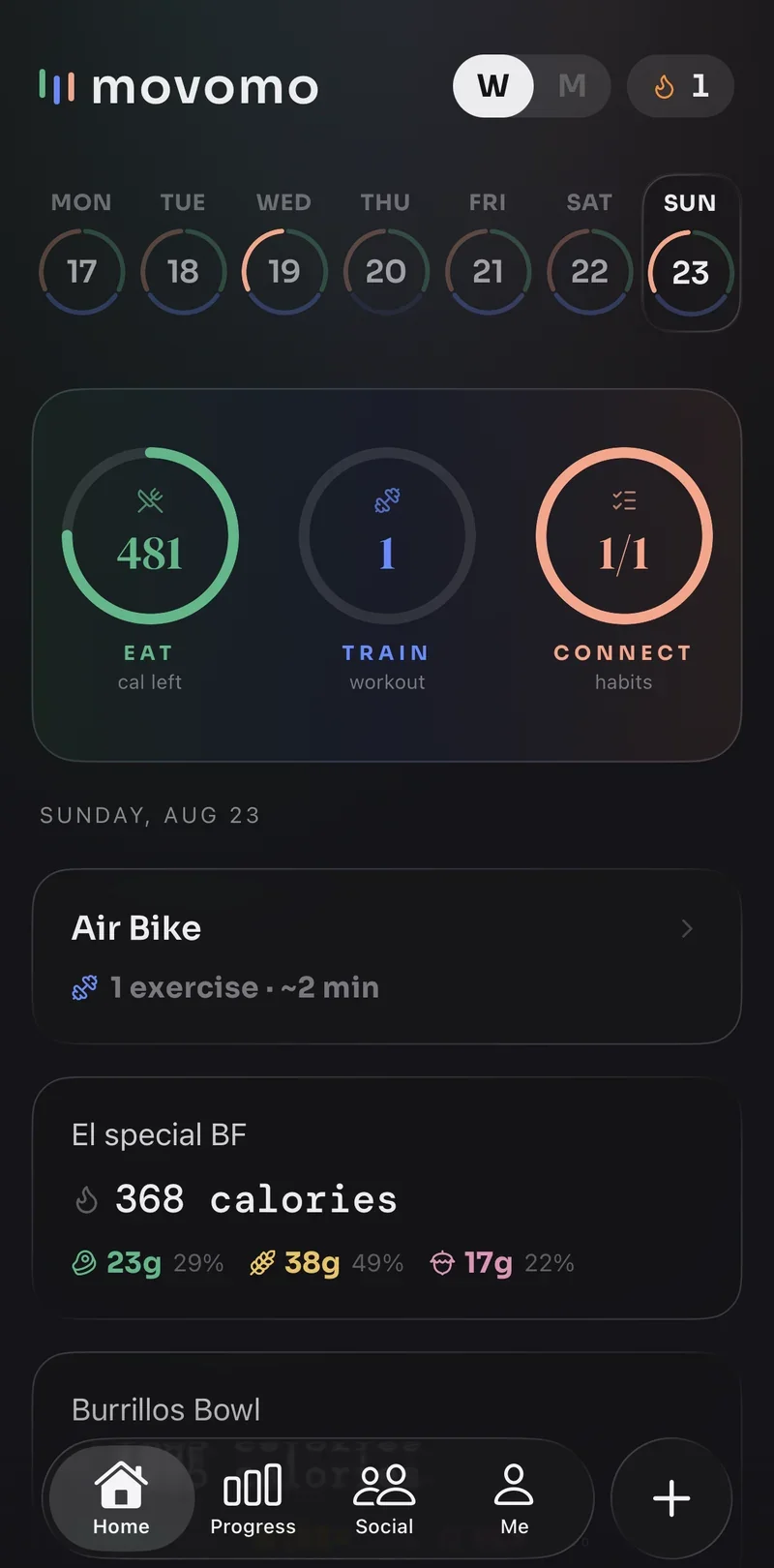 movomo home with the Eat, Train and Connect rings